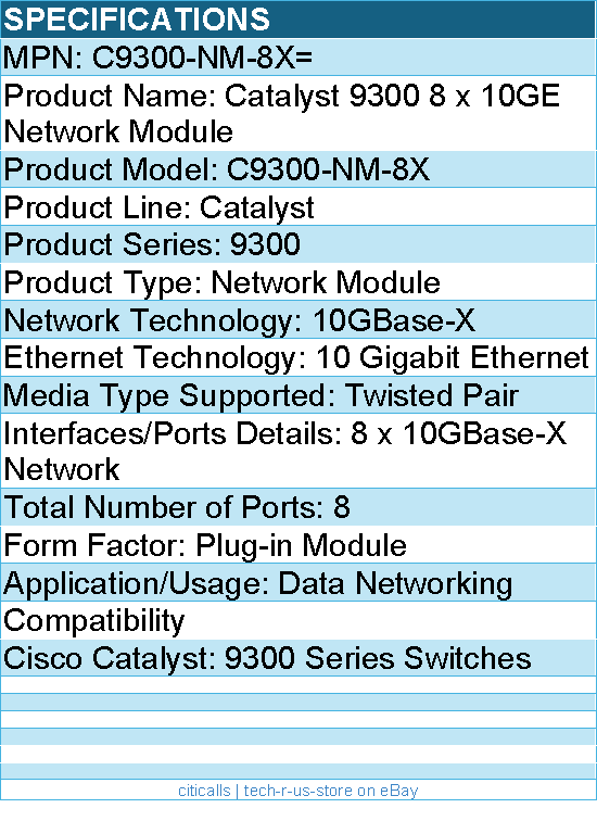 Cisco C9300-NM-8X= Catalyst 9300 8 x 10GE Network Module for 9300Series Switches