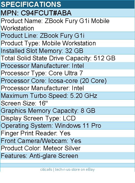 HP C94FCUT#ABA ZBook Fury G1i 16"" Mobile Workstation -Intel Core Ultra 7