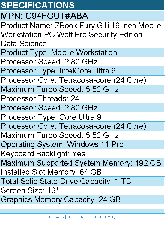HP C94FGUT#ABA ZBook Fury G1i 16" Mobile Workstation - Intel Core Ultra 9
