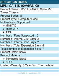Thermaltake CA-11K-00M6WN-00 S380 TG ARGB Snow Mid Tower Chassis