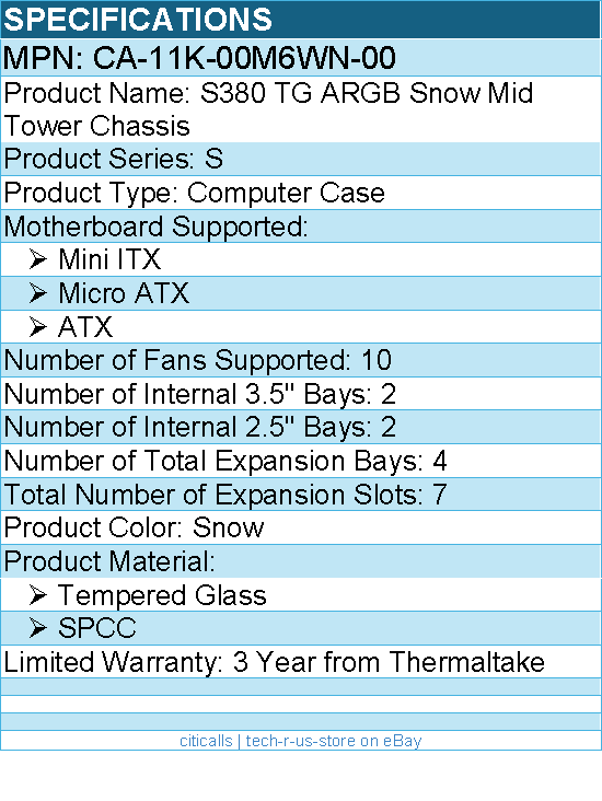 Thermaltake CA-11K-00M6WN-00 S380 TG ARGB Snow Mid Tower Chassis