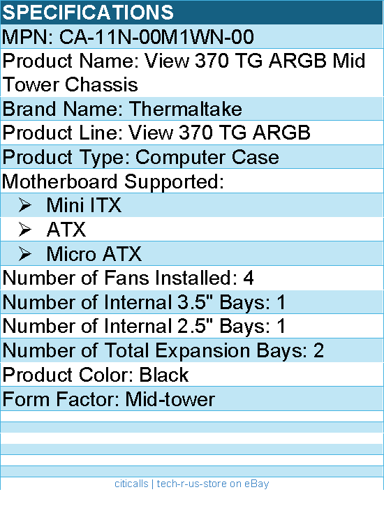 Thermaltake CA-11N-00M1WN-00 View 370 TG ARGB Mid Tower Chassis