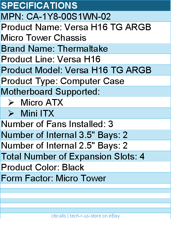 Thermaltake CA-1Y8-00S1WN-02 Versa H16 TG ARGB Micro Tower Chassis