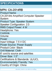 Cyber Acoustics CA-2014rb 2.0 Speaker System - 4 W RMS - Black
