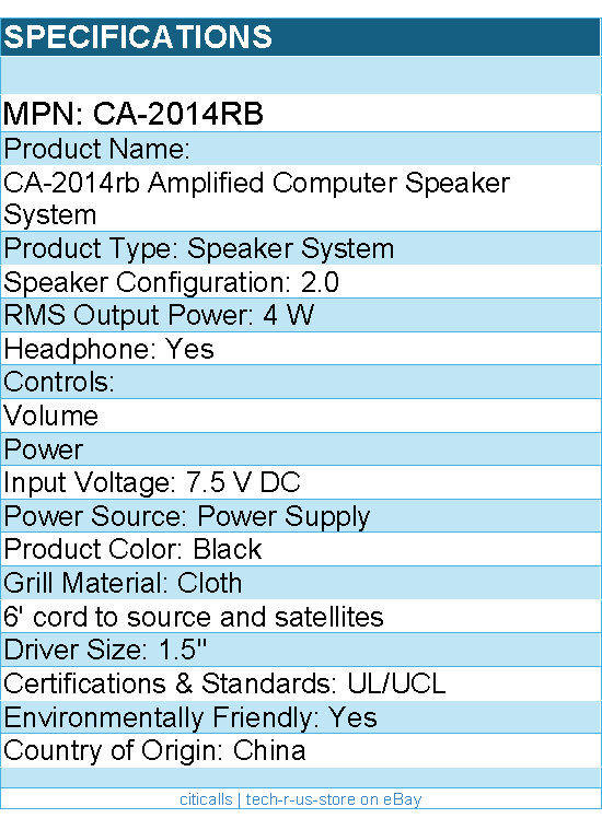 Cyber Acoustics CA-2014rb 2.0 Speaker System - 4 W RMS - Black