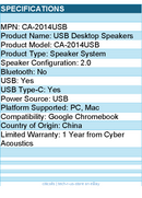 Cyber Acoustics CA-2014USB 2.0 Speaker System - LED Indicator
