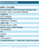 Cyber Acoustics CA-2890 Sound Bar Speaker - Under Monitor - Desktop -Plug & Play