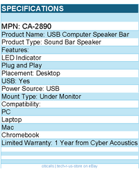 Cyber Acoustics CA-2890 Sound Bar Speaker - Under Monitor - Desktop -Plug & Play