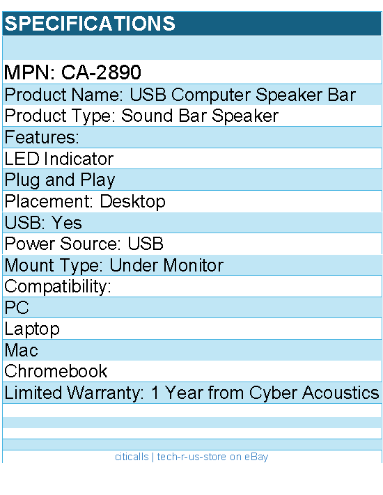 Cyber Acoustics CA-2890 Sound Bar Speaker - Under Monitor - Desktop -Plug & Play