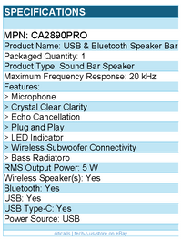 Cyber Acoustics CA2890PRO Bluetooth Sound Bar Speaker - 5 W RMS