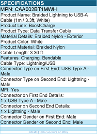Belkin CAA002BT1MWH Braided Cable to USB-A Cable (1m / 3.3ft, White) - MFI