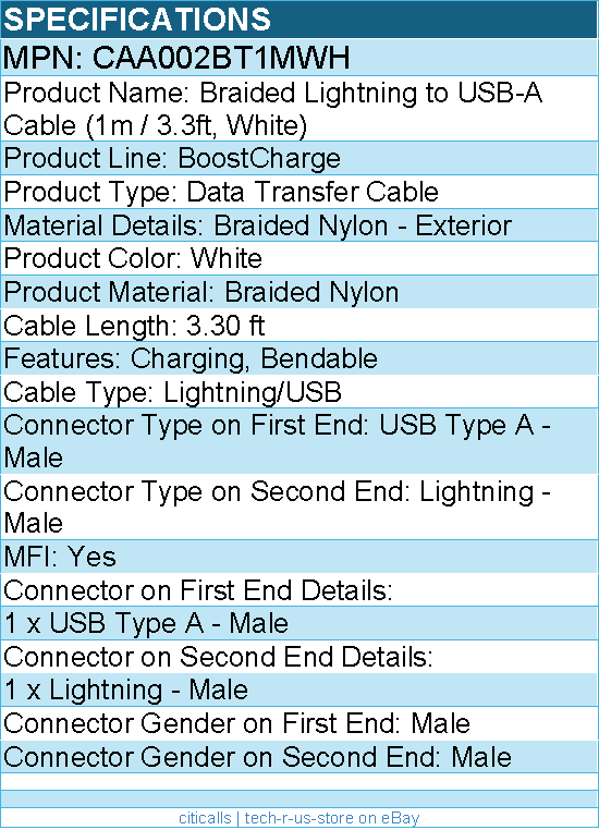 Belkin CAA002BT1MWH Braided Cable to USB-A Cable (1m / 3.3ft, White) - MFI