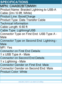 Belkin CAA002BT2MWH Braided Lightning to USB-A Cable (2m / 6.6ft, White) - MFI