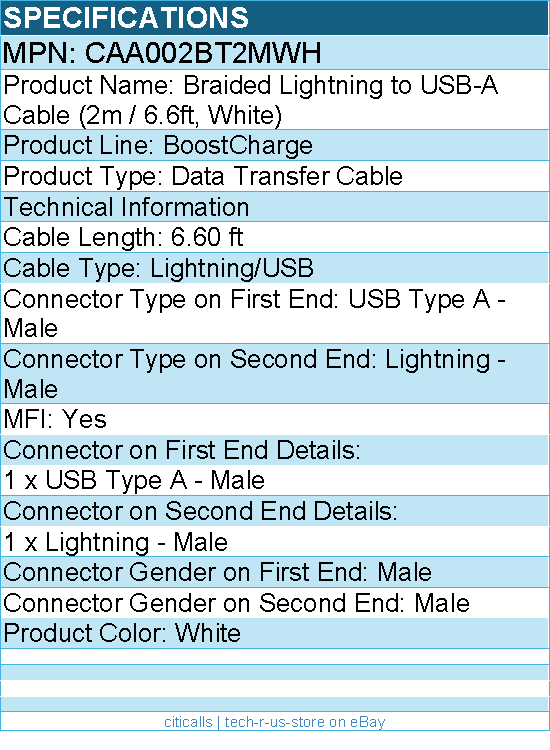 Belkin CAA002BT2MWH Braided Lightning to USB-A Cable (2m / 6.6ft, White) - MFI