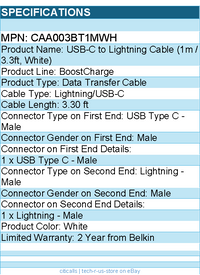 Belkin CAA003bt1MWH BoostCharge USB-C Cable (1 meter / 3.3 foot, White)