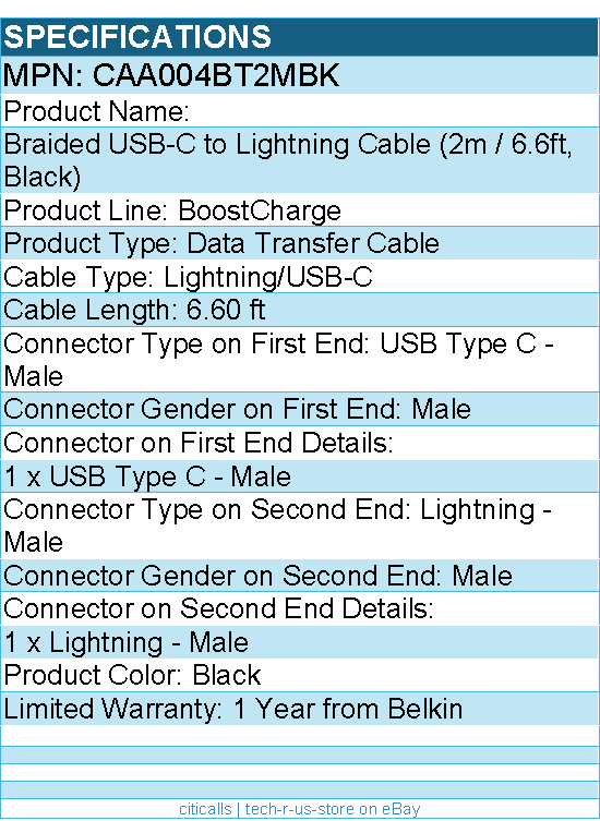Belkin CAA004bt2MBK 30W USB-C to Cable - Nylon, Braided - M/M - 2m/6.6ft