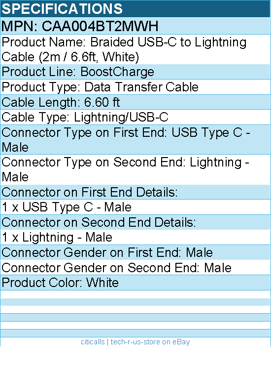 Belkin CAA004BT2MWH Braided USB-C to Cable (2m / 6.6ft, White)