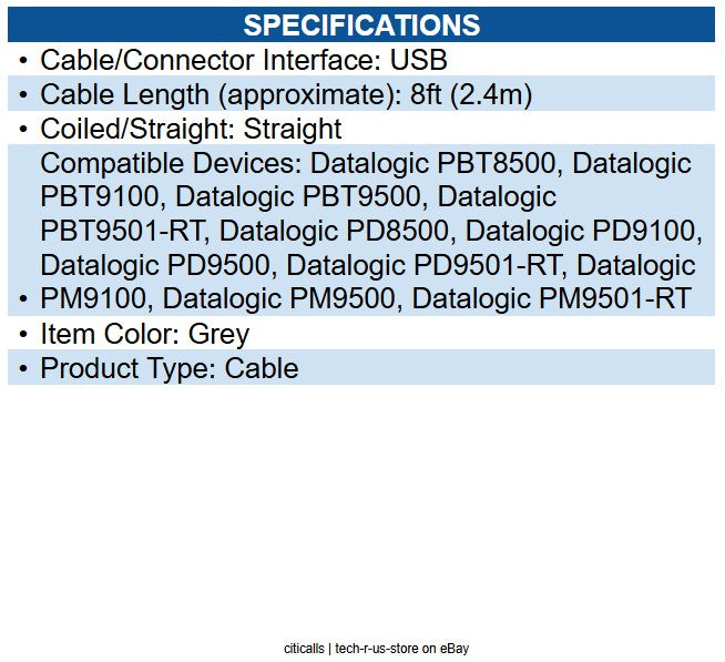 Datalogic CAB-440 Cable, USB, Type A, External Power, Straight, CAB-440, 8 ft