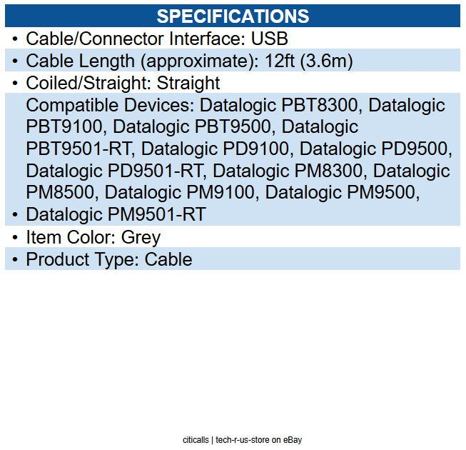 Datalogic CAB-465 Cable, USB, Type A, Straight, 3.6 m, CAB-465