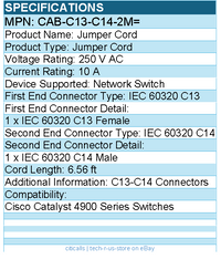 Cisco CAB-C13-C14-2M= Power Interconnect Cable - 6.56ft for Network Switch