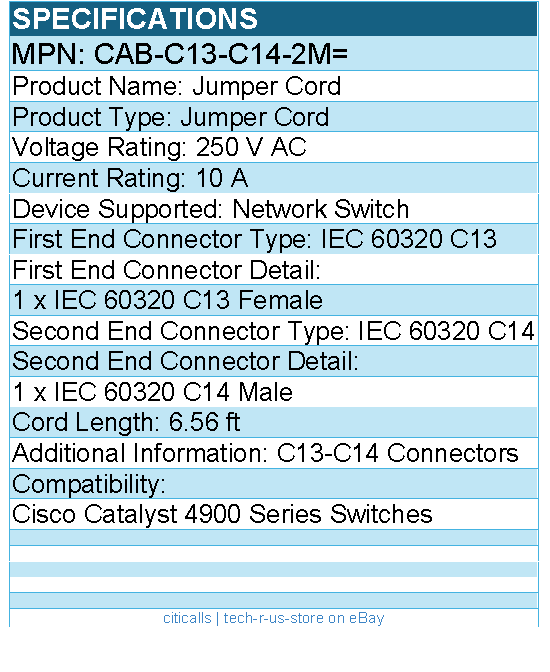 Cisco CAB-C13-C14-2M= Power Interconnect Cable - 6.56ft for Network Switch