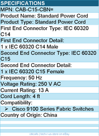Cisco CAB-C15-CBN= Standard Power Cord - 250V AC for Cisco 9100 Series Switches
