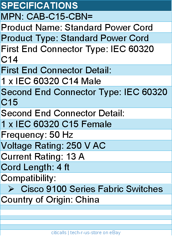 Cisco CAB-C15-CBN= Standard Power Cord - 250V AC for Cisco 9100 Series Switches