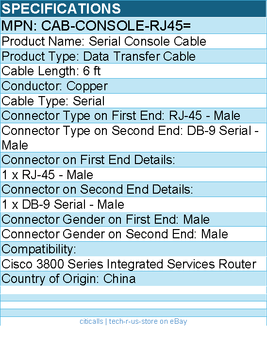 Cisco CAB-CONSOLE-RJ45= 6ft Serial Console Cable - RJ-45 Male