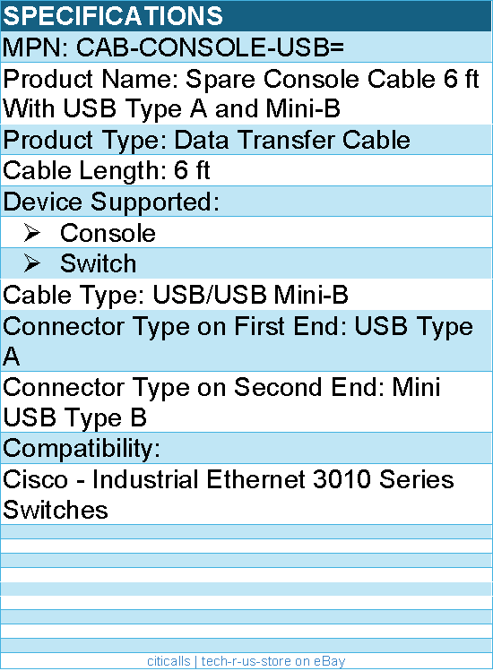 Cisco CAB-CONSOLE-USB= Spare Console Cable 6 ft With USB Type A and Mini-B