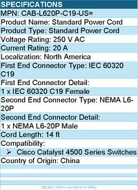 Cisco CAB-L620P-C19-US= Standard Power Cord - 14ft - IEC 60320 C19