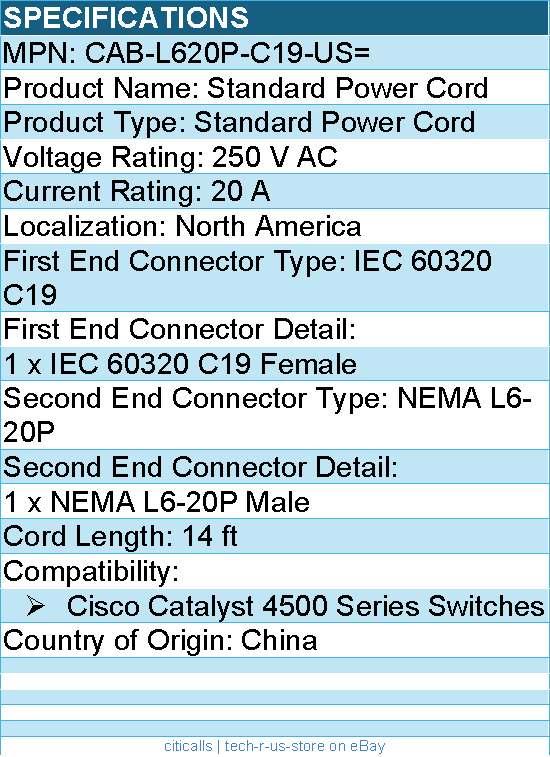 Cisco CAB-L620P-C19-US= Standard Power Cord - 14ft - IEC 60320 C19