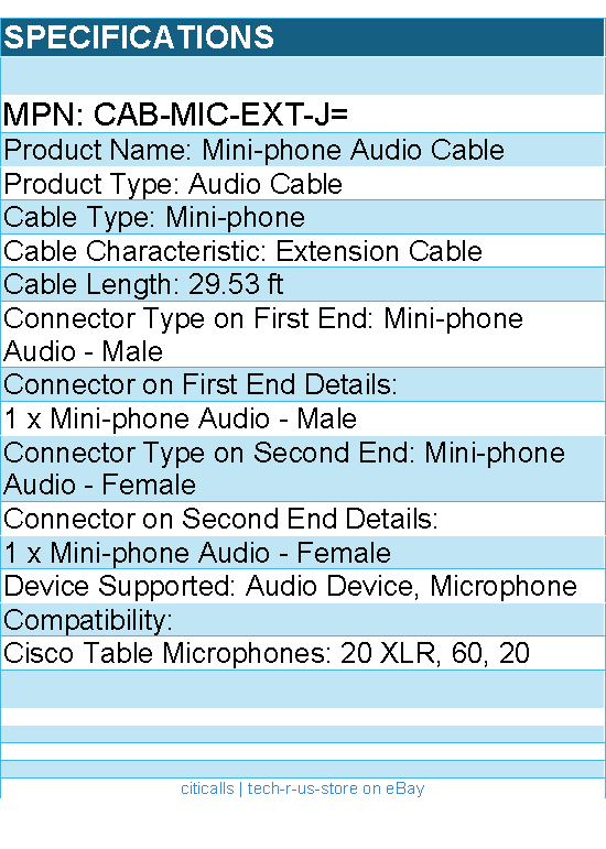 Cisco CAB-MIC-EXT-J= Mini-phone Audio Cable - for Cisco Table Microphones