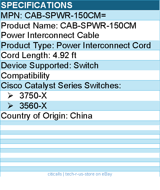 Cisco CAB-SPWR-150CM= Power Interconnect Cable - 4.92 ft - For Switch