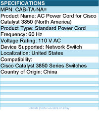Cisco CAB-TA-NA= AC Power Cord for Cisco Catalyst 3850 (North America)