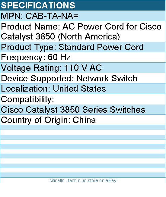 Cisco CAB-TA-NA= AC Power Cord for Cisco Catalyst 3850 (North America)