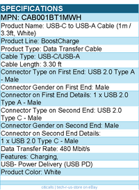 Belkin CAB001bt1MWH BoostCharge USB-C to USB-A Cable (1 meter / 3.3 foot, White)