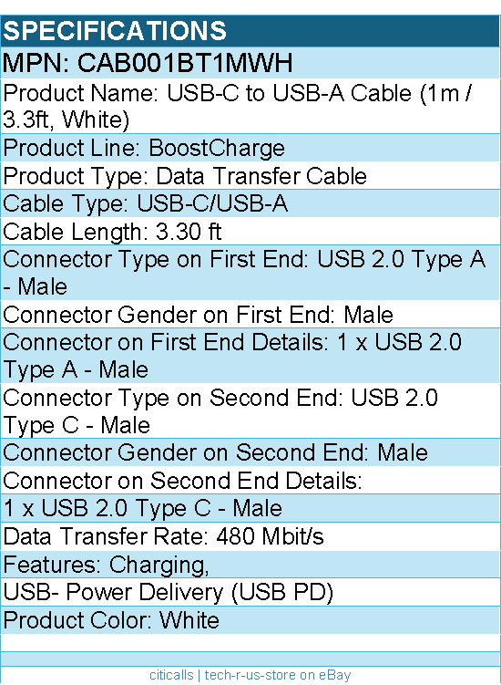 Belkin CAB001bt1MWH BoostCharge USB-C to USB-A Cable (1 meter / 3.3 foot, White)
