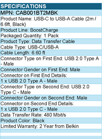 Belkin CAB001bt2MBKBoostCharge USB-C to USB-A Cable ( 2 meter / 6.6 foot )