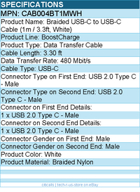 Belkin CAB004BT1MWH Braided USB-C to USB-C Cable (1m / 3.3ft, White)