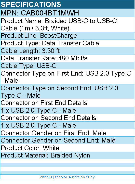 Belkin CAB004BT1MWH Braided USB-C to USB-C Cable (1m / 3.3ft, White)