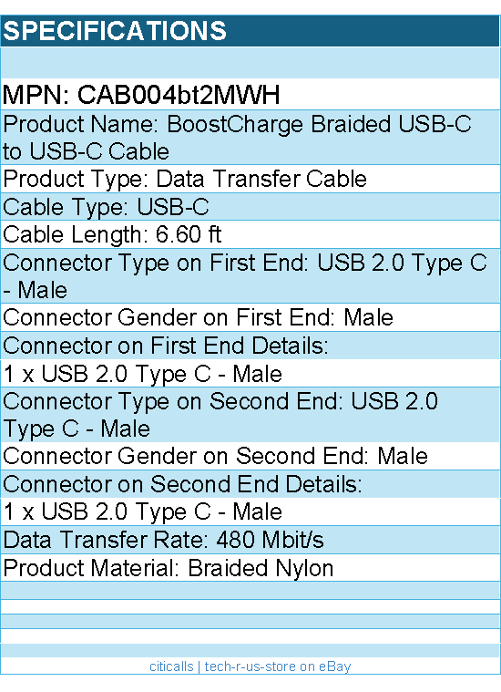 Belkin CAB004bt2MWH BoostCharge Braided USB-C to USB-C Cable - 6.60 ft