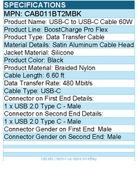 Belkin CAB011BT2MBK - 60W USB-C to USB-C Cable - 480 Mbps - Silicone, Braided
