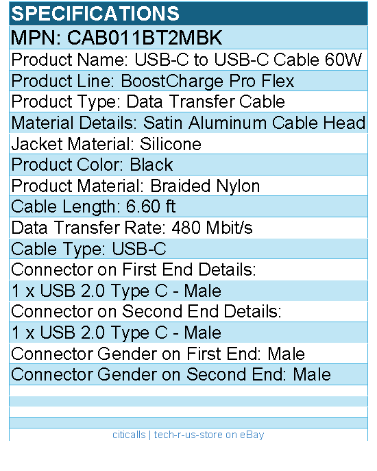 Belkin CAB011BT2MBK - 60W USB-C to USB-C Cable - 480 Mbps - Silicone, Braided