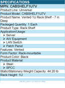StarTech CABSHELF1U7V 1U Vented Server Rack Cabinet Shelf - Black