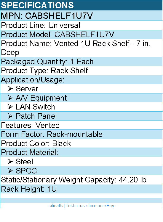 StarTech CABSHELF1U7V 1U Vented Server Rack Cabinet Shelf - Black