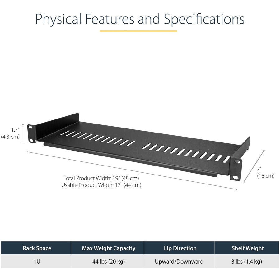StarTech CABSHELF1U7V 1U Vented Server Rack Cabinet Shelf - Black