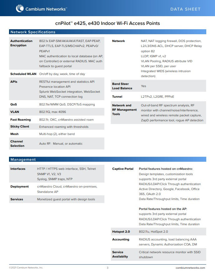 Cambium Networks PL-E425H00A-US 802.11ac Wave 2 Indoor Wall Plate Access Point