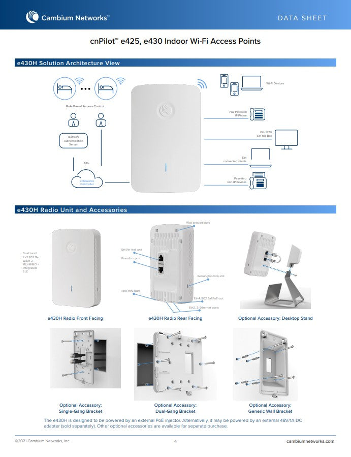 Cambium Networks PL-E425H00A-US 802.11ac Wave 2 Indoor Wall Plate Access Point