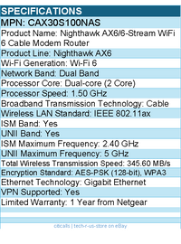 Netgear CAX30S-100NAS Nighthawk AX6 Wi-Fi 6 - Cable Modem/Wireless Router
