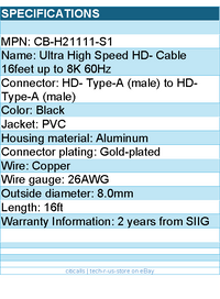 SIIG CB-H21111-S1 Ultra High Speed Video Cable 16feet up to 8K 60Hz Black